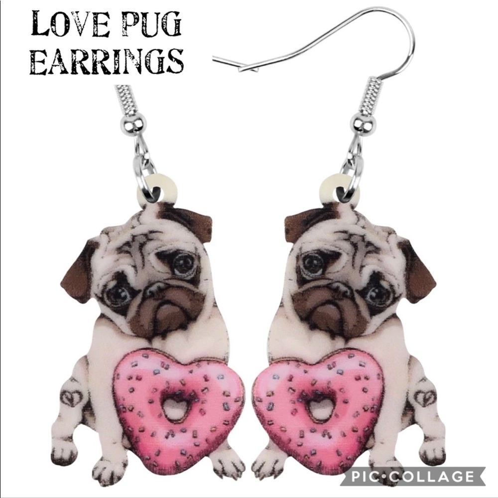 PUG puppy Love heart donut with sprinkles earrings